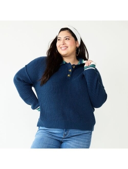 Juniors' Plus Size SO Collared Varsity Henley Pullover