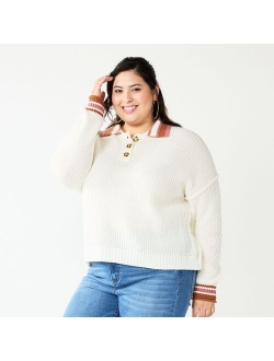 Juniors' Plus Size SO Collared Varsity Henley Pullover