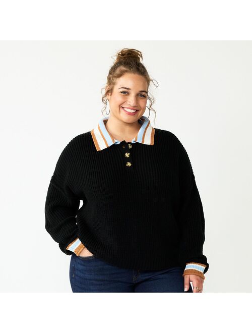 Juniors' Plus Size SO Collared Varsity Henley Pullover