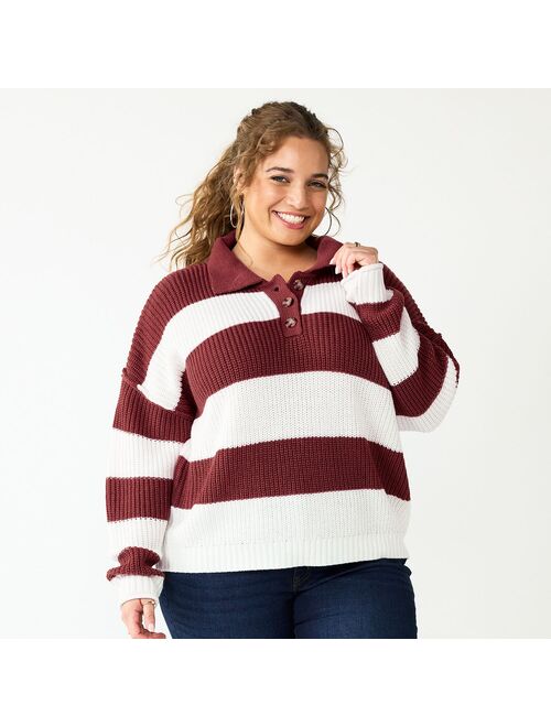 Juniors' Plus Size SO Collared Varsity Henley Pullover