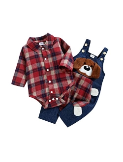 ODASIRA Baby Boy Clothes Infant Outfits Long Sleeve Plaid Bodysuit Romper + Jeans Overalls Jumpsuit Pants Sets