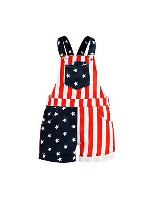 Noubeau 4th of July Unisex Baby Girl Boy Bib Overalls American Flag Romper Strap Jumpsuits Casual Pocket Shorts Patriotic Outfit