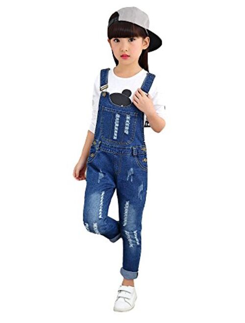 KIDSCOOL SPACE Girls Boys Denim Ripped Overalls,Washed Distressed Cotton Jean Pants