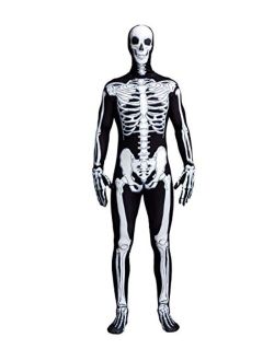 Skeleton Bone Bodysuit Halloween Costumes 2nd Skin for Men with Skeleton Hood Mask