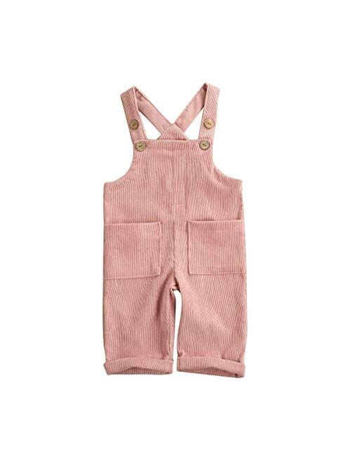 Liyamiee Baby Boy Girl Corduroy Overalls Solid Suspender Bib Pants One-Piece Strap Jumpsuit Pocket Fall Winter Outfit