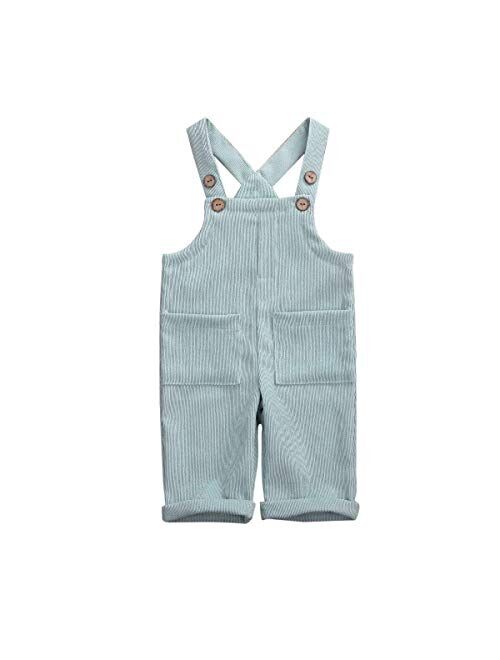 Liyamiee Baby Boy Girl Corduroy Overalls Solid Suspender Bib Pants One-Piece Strap Jumpsuit Pocket Fall Winter Outfit