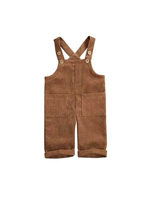 Liyamiee Baby Boy Girl Corduroy Overalls Solid Suspender Bib Pants One-Piece Strap Jumpsuit Pocket Fall Winter Outfit