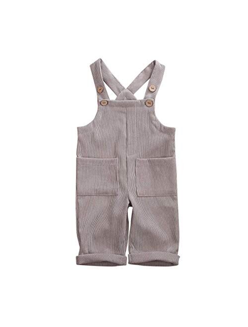 Liyamiee Baby Boy Girl Corduroy Overalls Solid Suspender Bib Pants One-Piece Strap Jumpsuit Pocket Fall Winter Outfit