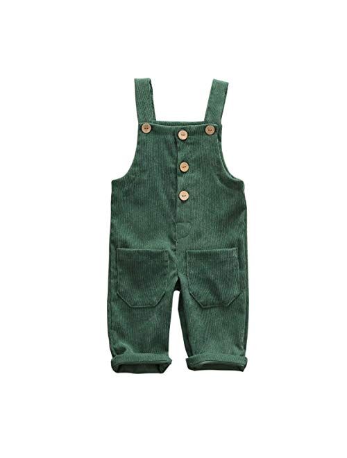 Liyamiee Baby Boy Girl Corduroy Overalls Solid Suspender Bib Pants One-Piece Strap Jumpsuit Pocket Fall Winter Outfit