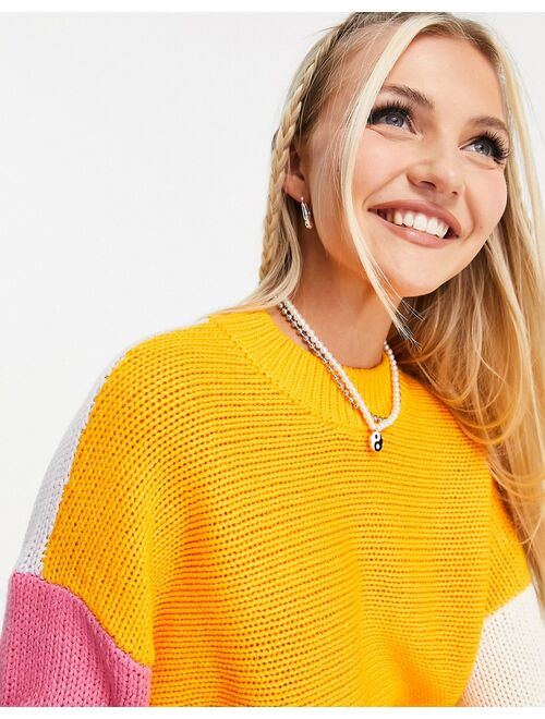 Noisy May color block sweater in orange & pink