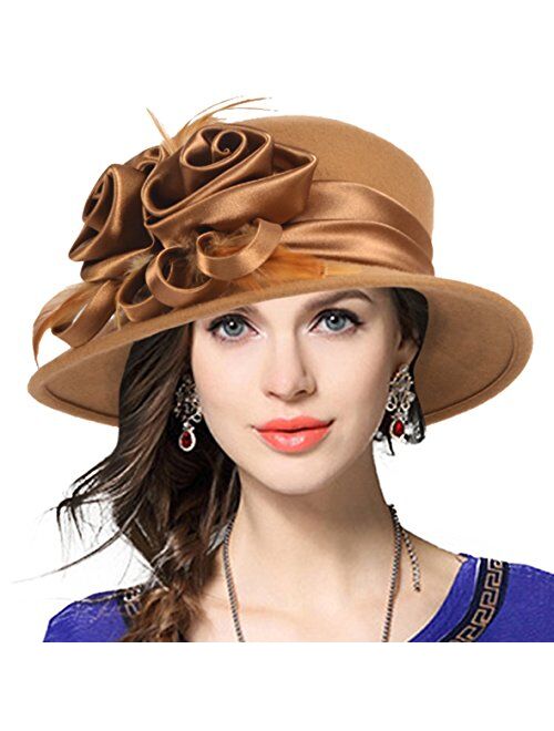 VECRY Women's Wool Church Dress Cloche Hat Plumy Felt Bucket Winter Hat