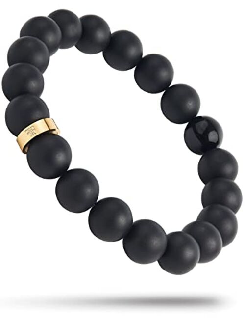 Forge & Foundry Mens 10mm Matte Black Solid Onyx Beaded Bracelet | Polished 18K Gold Plated or Polished Stainless Steel Signature Bead and Single Gloss Bead | "Andalus" |