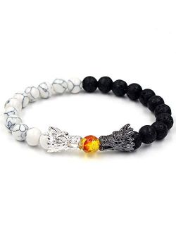 N-A Bead Bracelets for Men and Women Natural Black Lava & White Howlite Buddha Dragon Beaded Stone Bracelet Good Luck Charm Jewelry Gift Adjustable