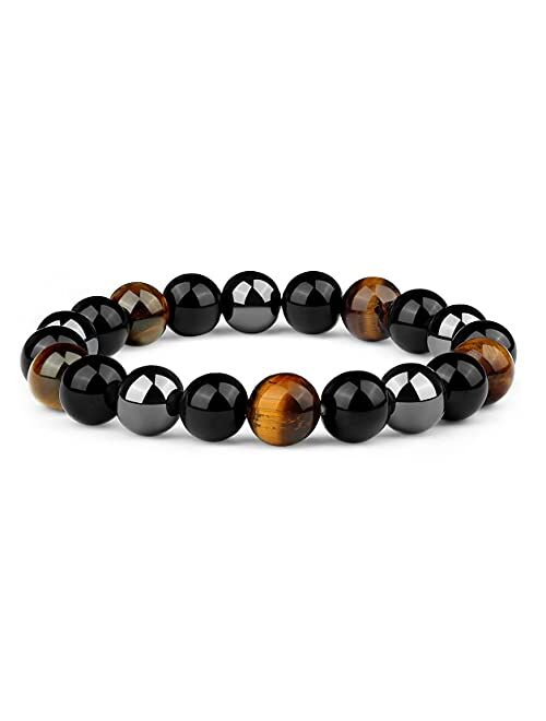 Crystal Vibe Triple Protection Bracelet - 8mm Bead Bracelet Men Women With Natural Stones of Tiger Eye Hematite and Black Obsidian - Healing Crystal Bracelet for Good Luc