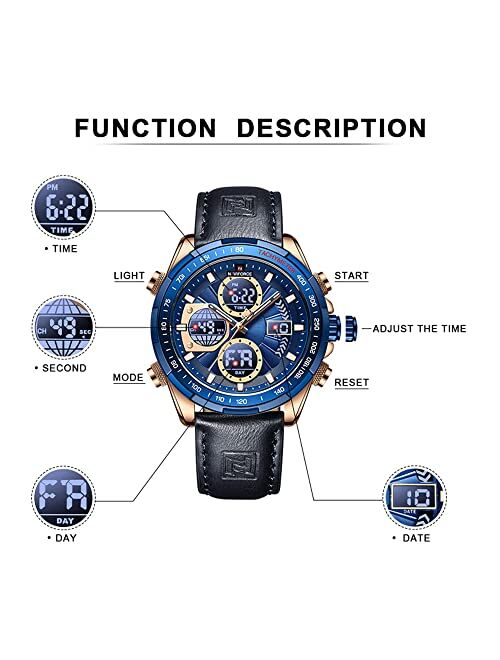 NAVIFORCE Men's Military Digital Watches Analog Quartz Waterproof Watch Sport Multifunctional Leather Wristwatch