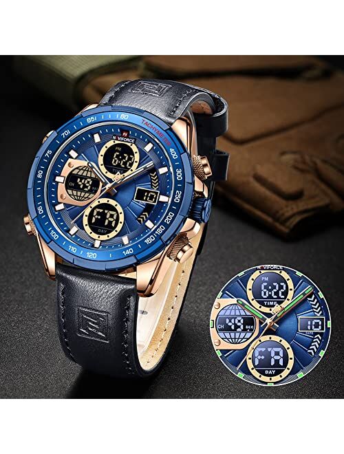 NAVIFORCE Men's Military Digital Watches Analog Quartz Waterproof Watch Sport Multifunctional Leather Wristwatch