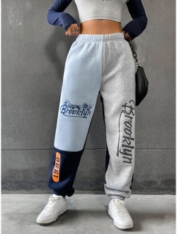 Mountain & Letter Graphic Colorblock Sweatpants