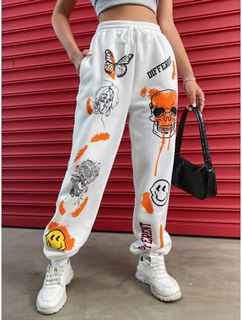 Shein Skull & Letter Graphic Drawstring Waist Sweatpants