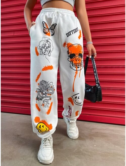 Shein Skull & Letter Graphic Drawstring Waist Sweatpants