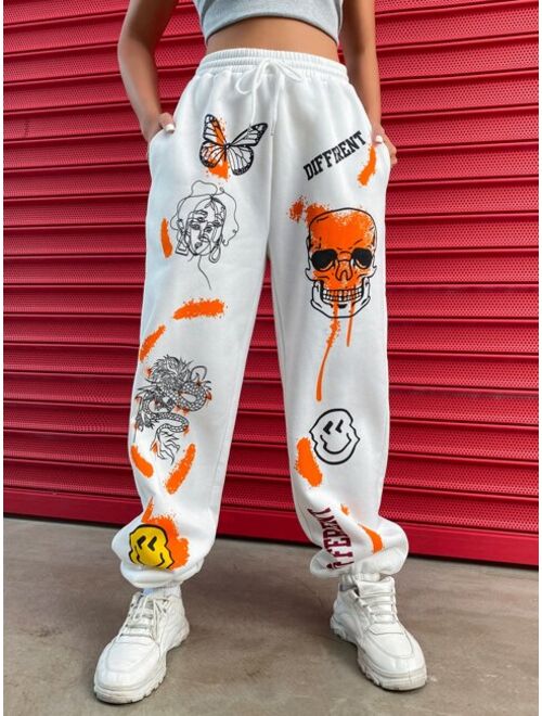 Shein Skull & Letter Graphic Drawstring Waist Sweatpants