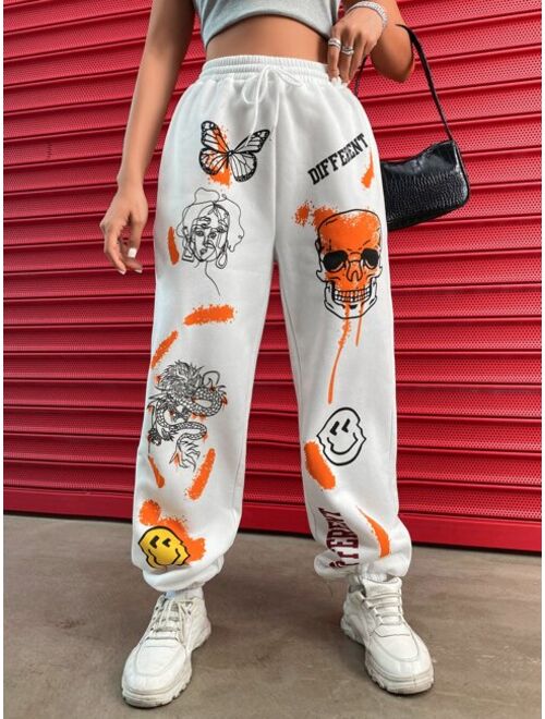 Shein Skull & Letter Graphic Drawstring Waist Sweatpants