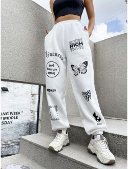 Letter & Butterfly Print Sweatpants