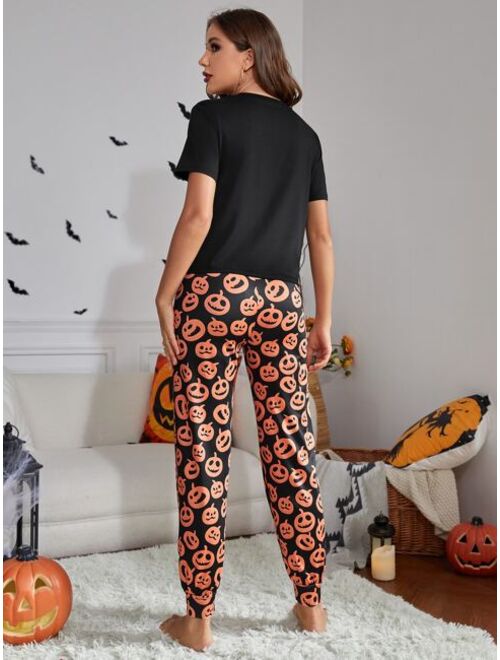 Shein Halloween Pumpkin & Slogan Graphic PJ Set