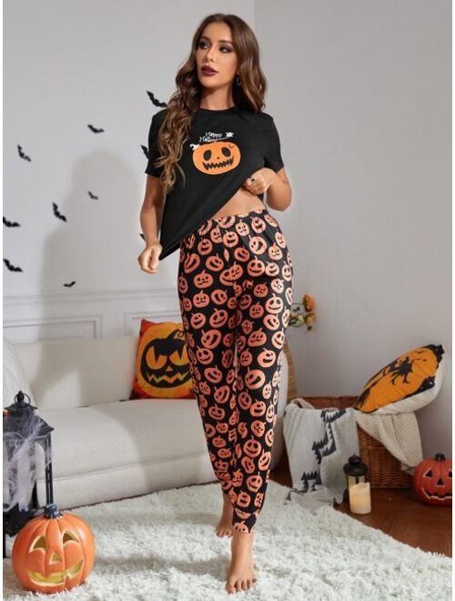 Shein Halloween Pumpkin & Slogan Graphic PJ Set