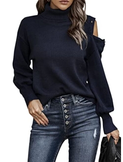 KIRUNDO Womens 2022 Fall Turtleneck Button Cold Shoulder Sweater Casual Solid Color Lantern Sleeve Knit Pullover Tops