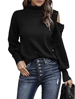 KIRUNDO Womens 2022 Fall Turtleneck Button Cold Shoulder Sweater Casual Solid Color Lantern Sleeve Knit Pullover Tops