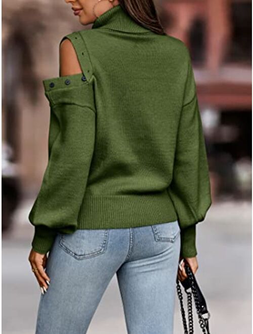 KIRUNDO Womens 2022 Fall Turtleneck Button Cold Shoulder Sweater Casual Solid Color Lantern Sleeve Knit Pullover Tops