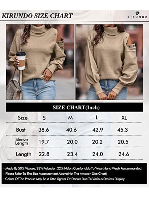 KIRUNDO Womens 2022 Fall Turtleneck Button Cold Shoulder Sweater Casual Solid Color Lantern Sleeve Knit Pullover Tops