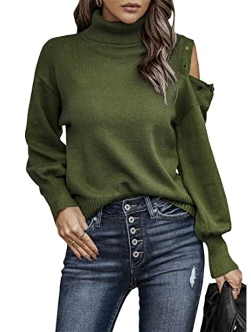 KIRUNDO Womens 2022 Fall Turtleneck Button Cold Shoulder Sweater Casual Solid Color Lantern Sleeve Knit Pullover Tops