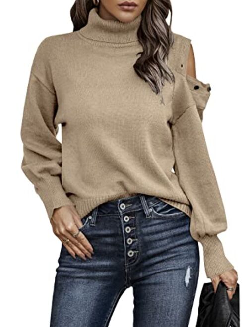 KIRUNDO Womens 2022 Fall Turtleneck Button Cold Shoulder Sweater Casual Solid Color Lantern Sleeve Knit Pullover Tops