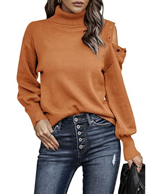 KIRUNDO Womens 2022 Fall Turtleneck Button Cold Shoulder Sweater Casual Solid Color Lantern Sleeve Knit Pullover Tops