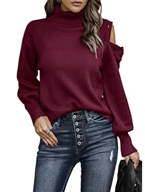 KIRUNDO Womens 2022 Fall Turtleneck Button Cold Shoulder Sweater Casual Solid Color Lantern Sleeve Knit Pullover Tops