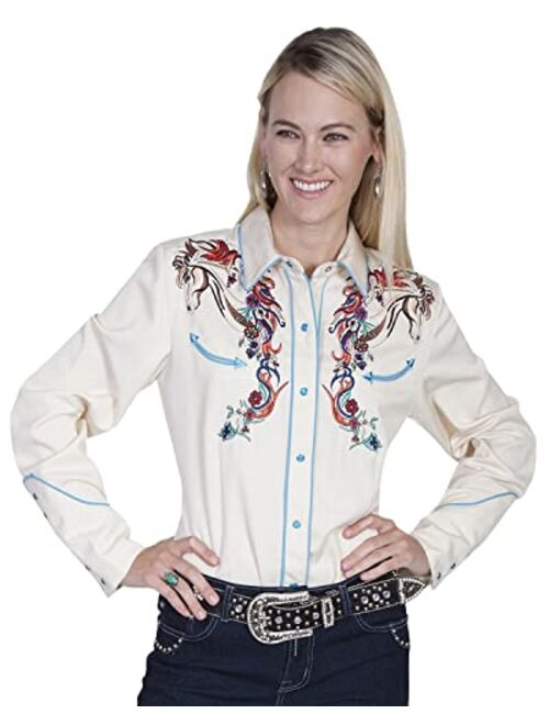 Scully Women's Colorful Horse Embroidered Long Sleeve Shirt - Pl-856C CRM