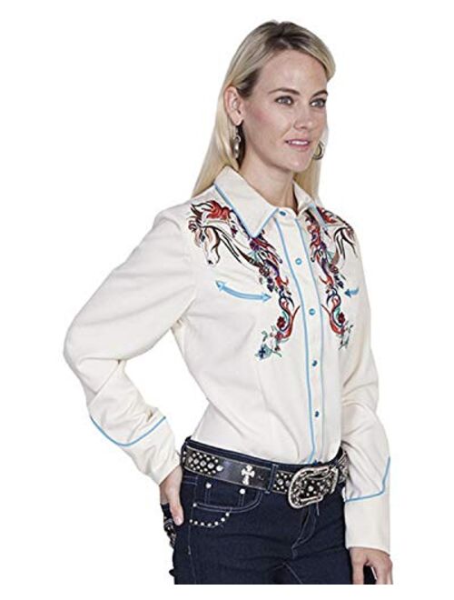 Scully Women's Colorful Horse Embroidered Long Sleeve Shirt - Pl-856C CRM