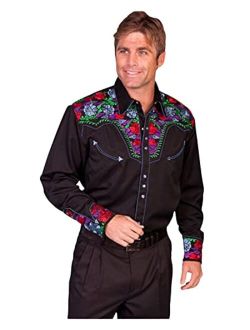 Men's Vibrant Floral Embroidered Retro Western Shirt Big and Tall - P-634C Blue_X