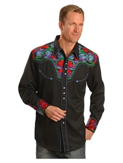 Men's Vibrant Floral Embroidered Retro Western Shirt Big and Tall - P-634C Blue_X