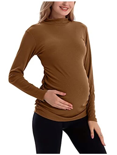 Bhome Maternity Shirt Long Sleeve Pregnancy Top Ribbed Mock Neck Pregnant Pullover