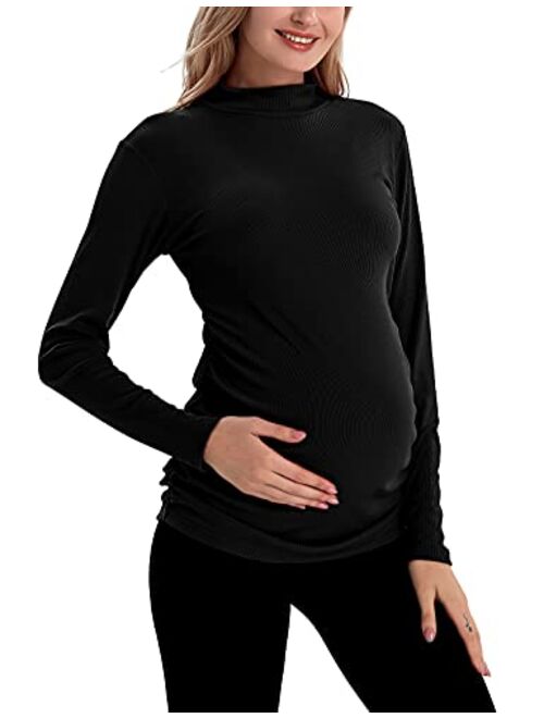 Bhome Maternity Shirt Long Sleeve Pregnancy Top Ribbed Mock Neck Pregnant Pullover