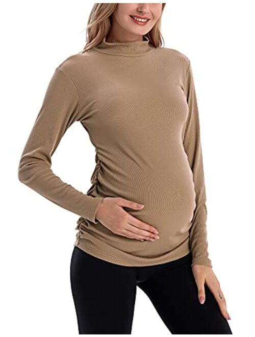 Bhome Maternity Shirt Long Sleeve Pregnancy Top Ribbed Mock Neck Pregnant Pullover