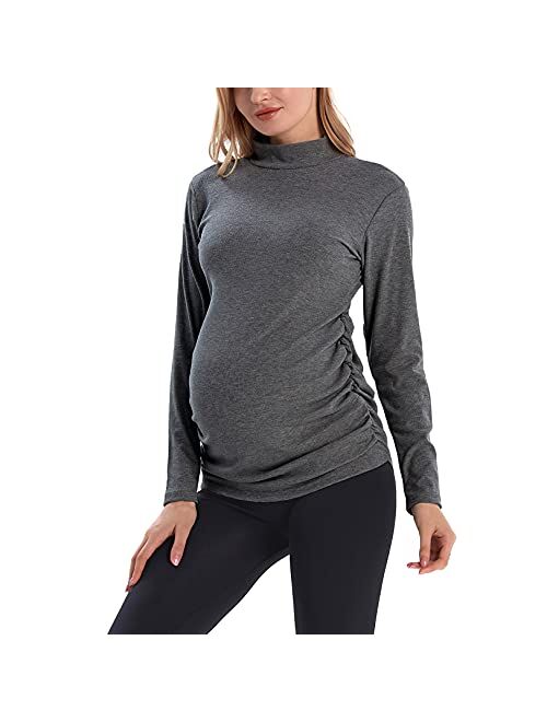 Bhome Maternity Shirt Long Sleeve Pregnancy Top Ribbed Mock Neck Pregnant Pullover