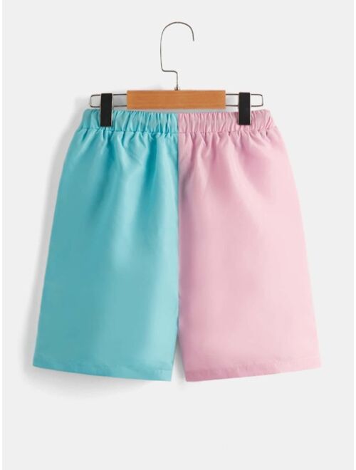 SHEIN Boys Two Tone Letter Patched Detail Drawstring Waist Shorts