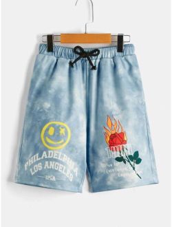 Boys Cartoon and Floral Print Tie Dye Shorts