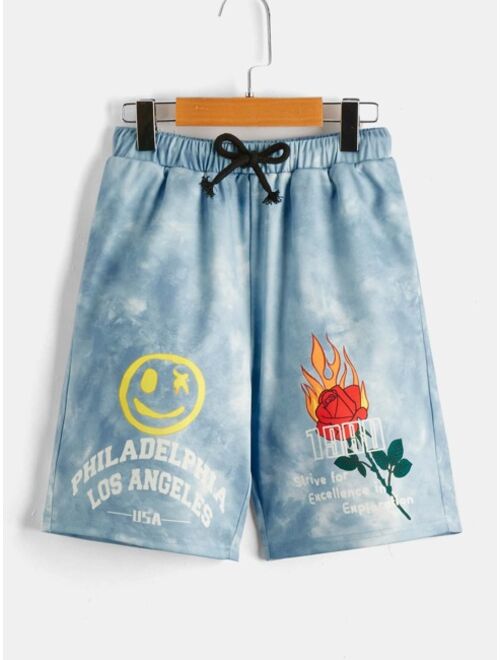 SHEIN Boys Cartoon and Floral Print Tie Dye Shorts