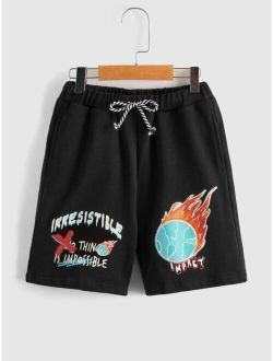 Boys Slogan Graphic Print Tie Waist Shorts