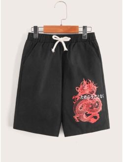Boys Chinese Dragon Japanese Letter Graphic Shorts