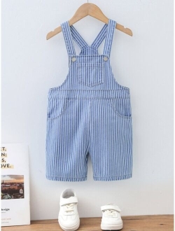 Toddler Boys Striped Patched Pocket Denim Overall Romper